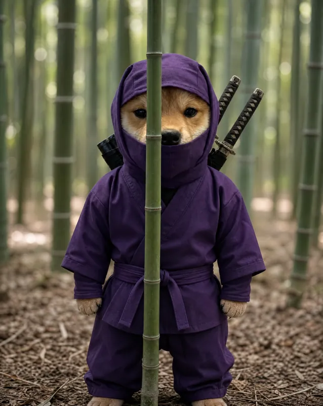 The ninja shiba standing behind one thin bamboo stalk, completely visible, dead serious.