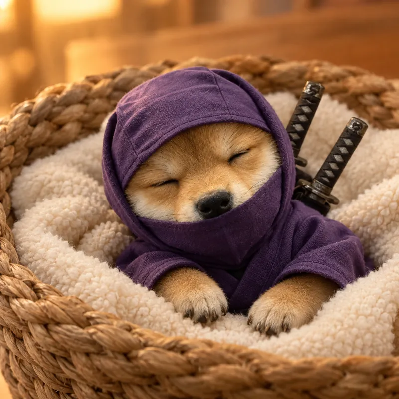 A tiny puppy version of the ninja shiba asleep in a woven basket.