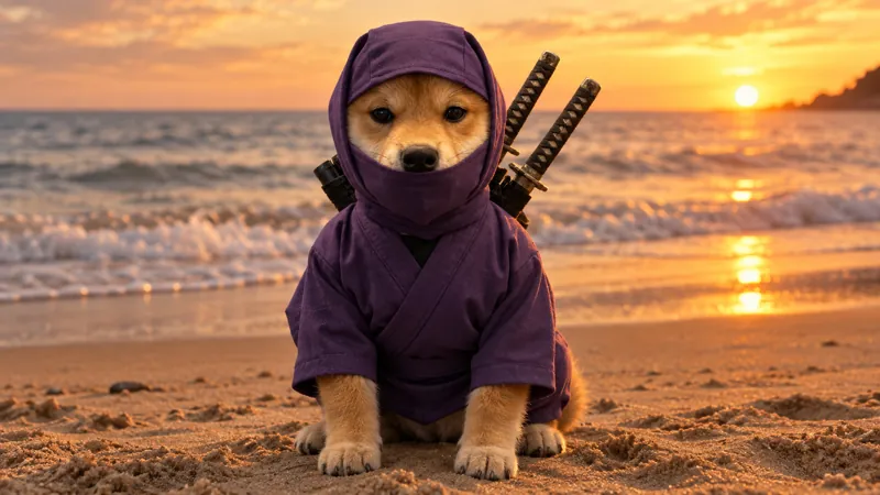 The ninja shiba sitting on a beach at sunset.