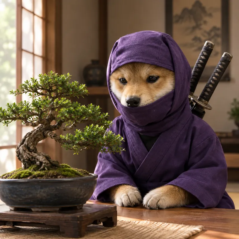 The ninja shiba sitting beside a bonsai tree, studying it.