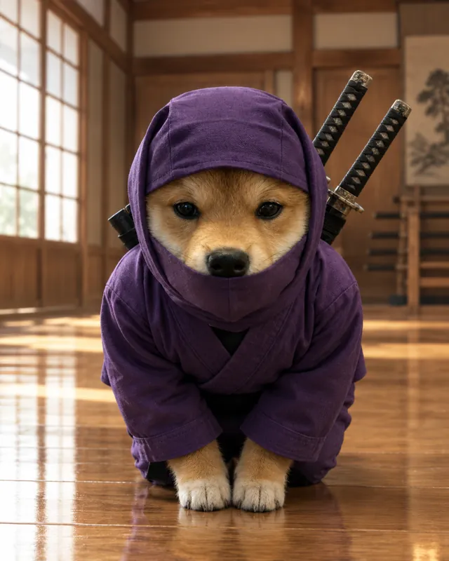 The ninja shiba sitting politely on the polished floor of a wooden dojo.