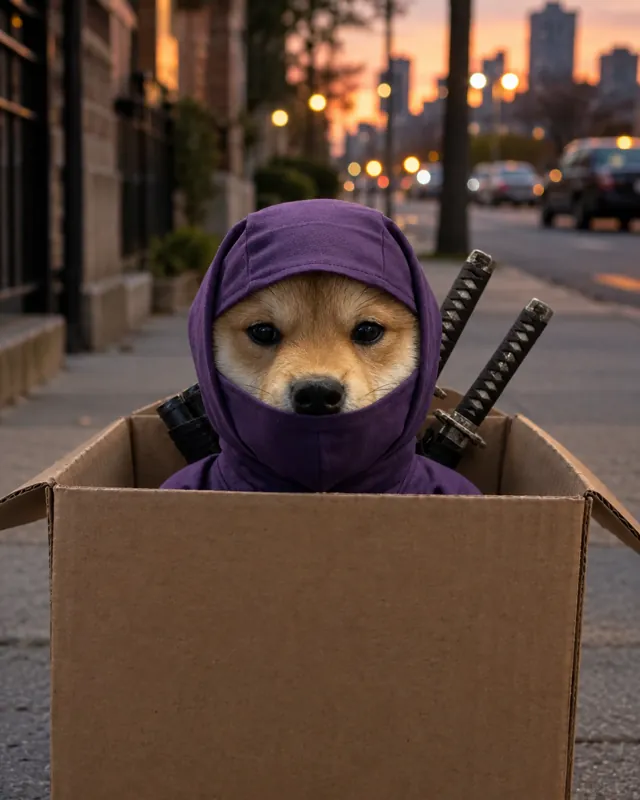 The ninja shiba sitting in a cardboard box on a city sidewalk at dusk.