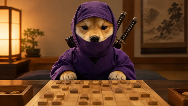 The ninja shiba studying a shogi board on a low table.