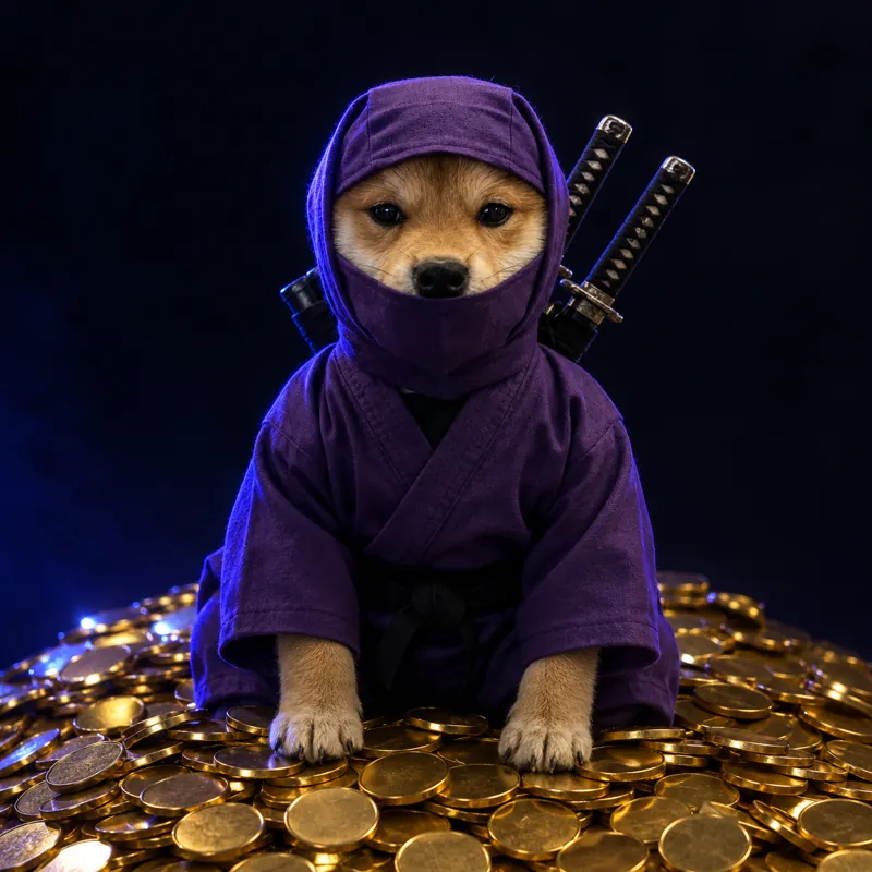 The ninja shiba sitting on a pile of plain gold coins in a dark room.