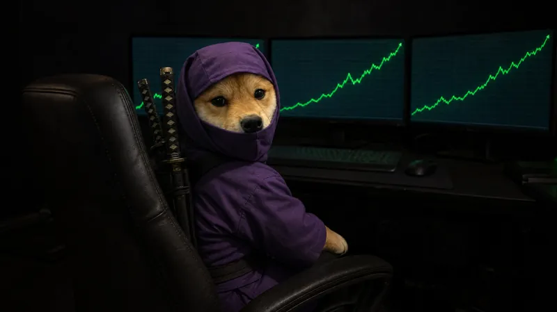 The ninja shiba at a desk at night in front of three monitors with green rising lines.