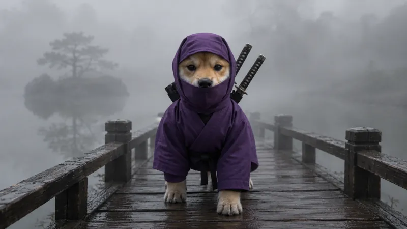 The ninja shiba on a wooden bridge in thick grey morning fog.