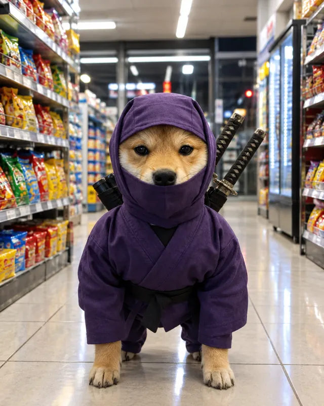 The ninja shiba standing in the aisle of a late-night convenience store.