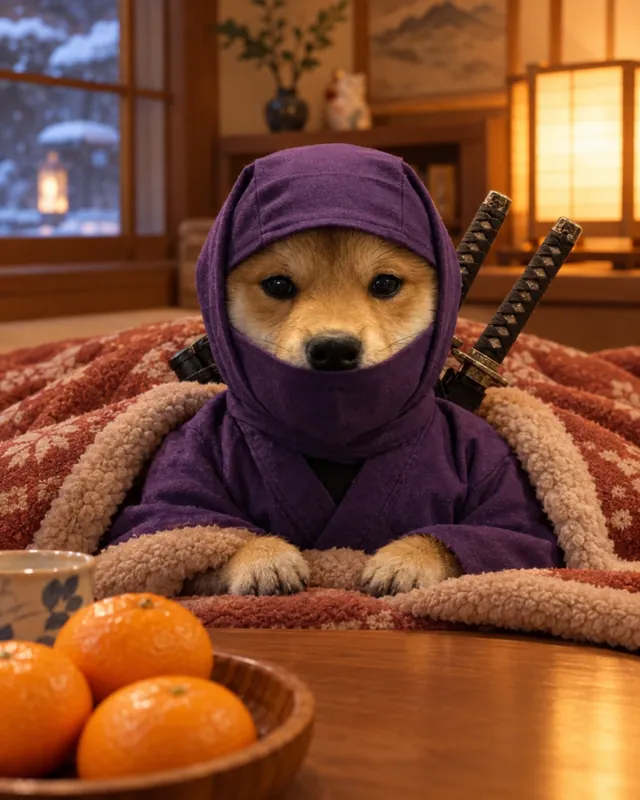 The ninja shiba tucked under a kotatsu blanket with mandarins on the table.