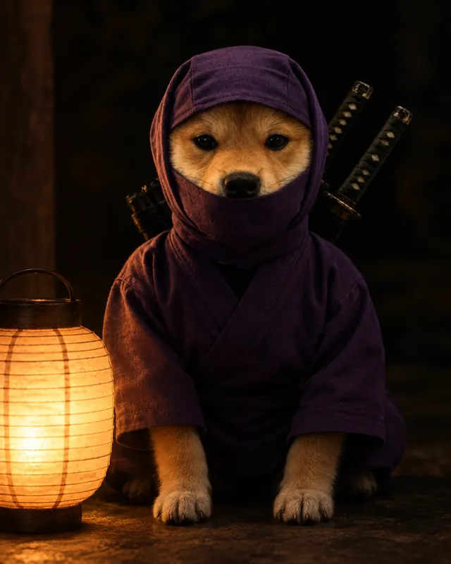 The ninja shiba sitting beside a glowing paper lantern in the dark.
