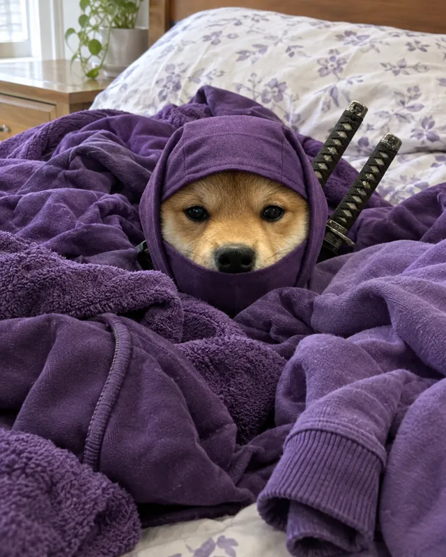 The ninja shiba half buried in a pile of purple laundry, his hood blending in.