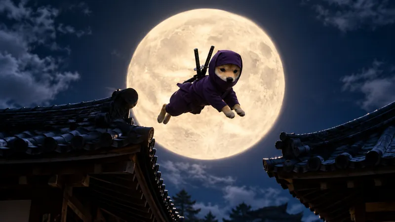 The ninja shiba mid-leap between two rooftops in front of a huge full moon.