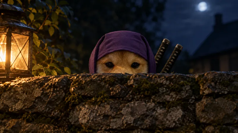Only his eyes and hood showing over a stone wall at night, beside a lantern.