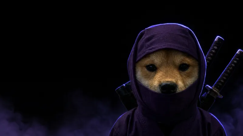 The ninja shiba in a black room lit by a thin indigo rim light.