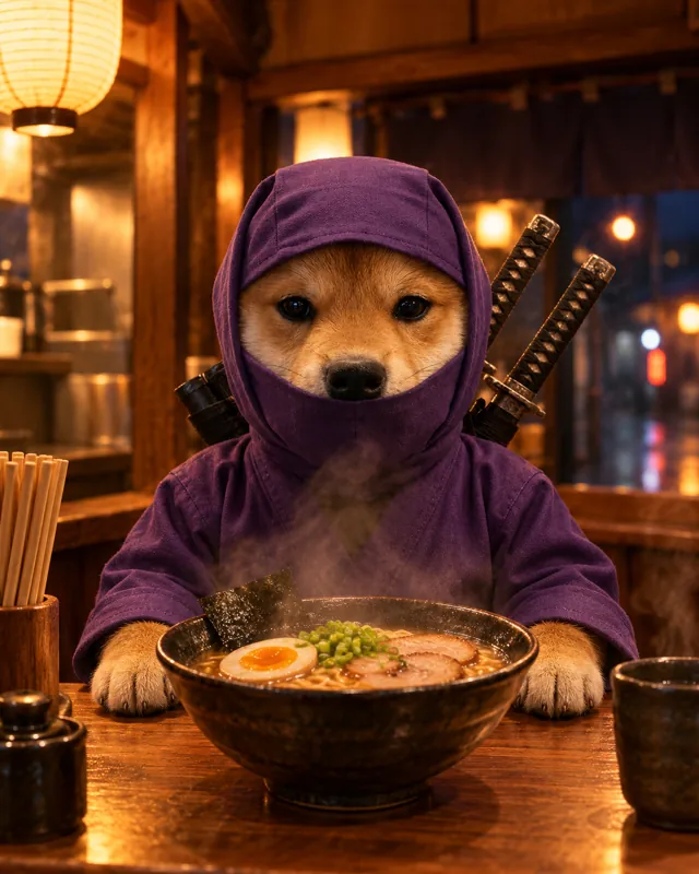 The ninja shiba at a ramen counter at night with a steaming bowl.
