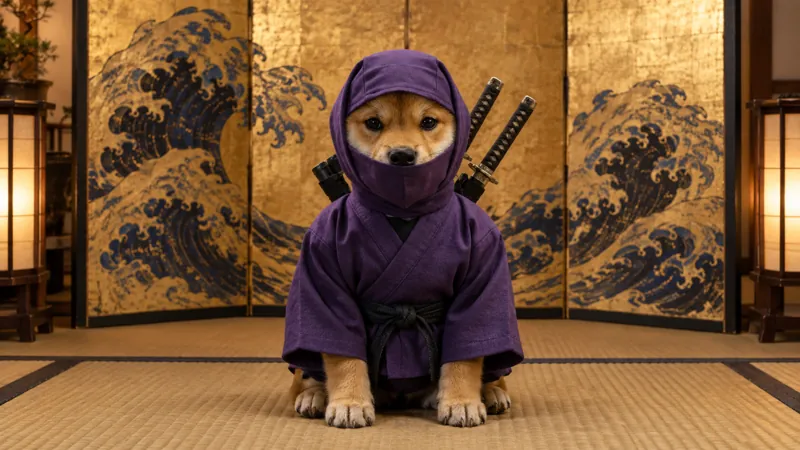 The ninja shiba sitting before a gold-leaf folding screen with painted waves.