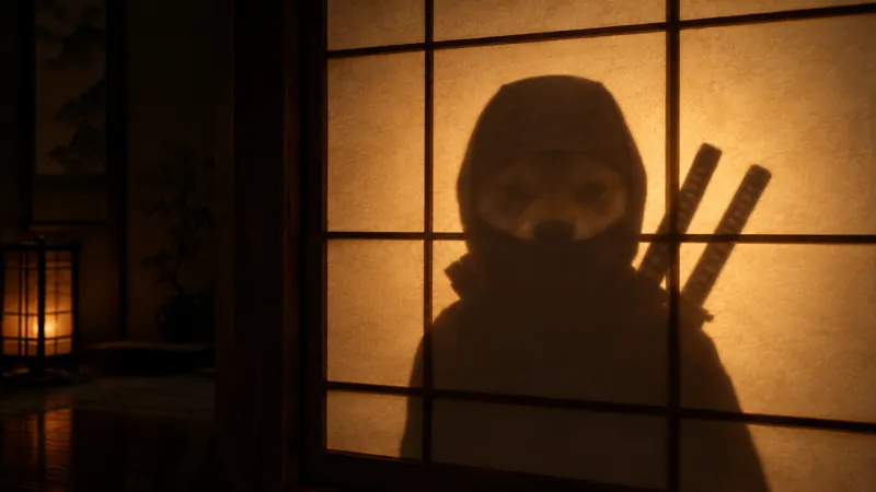 His shadow with the hood and two katanas cast on a glowing paper screen.