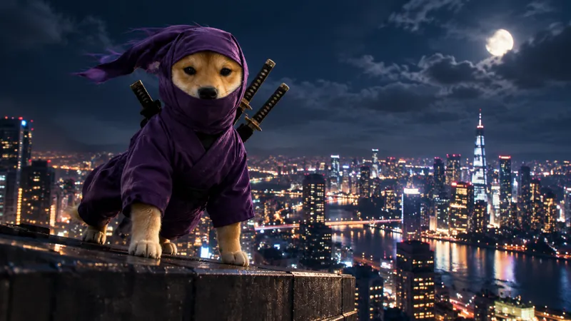 The ninja shiba on the edge of a skyscraper roof at night above a glittering city.