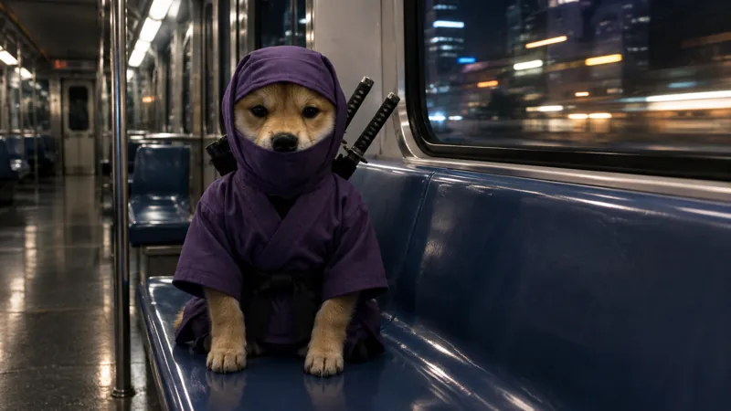 The ninja shiba alone on a seat in an empty late-night subway train.