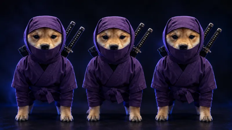 Three identical ninja shibas standing in a row in a dark studio.