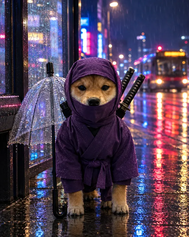 The ninja shiba at a rainy night bus stop beside a small clear umbrella.