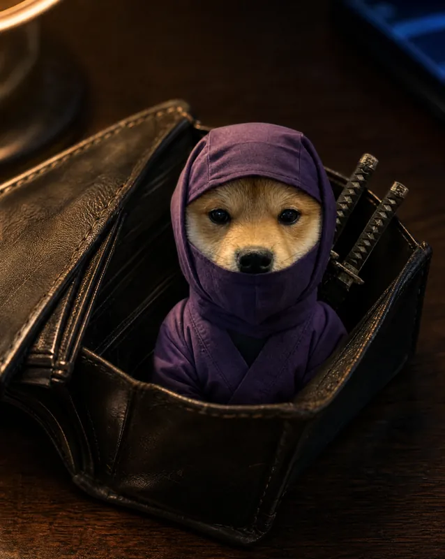 A tiny ninja shiba sitting inside an open leather wallet on a desk at night.