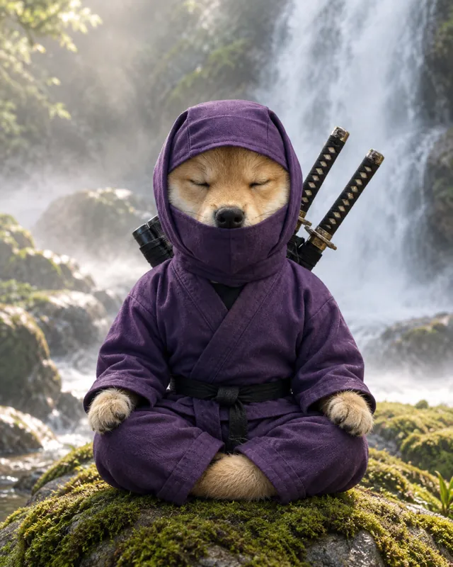 The ninja shiba meditating on a mossy rock in front of a waterfall.